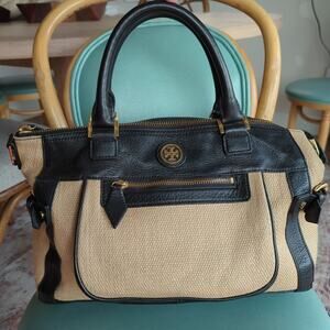 Tory Burch Beige and Black Canvas & Leather Satchel